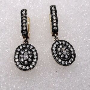 Vtg Sterling Silver CZ Gold Tone Antique Style Earrings Oval Drop w Halo 1.2”